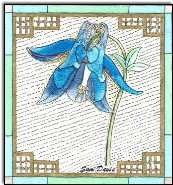 Columbine Nouveau style watercolor and pen and ink by Sam Davis 2023